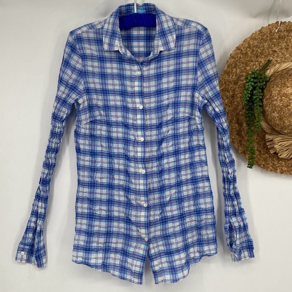 J. McLaughlin Lois Textured Crinkle Cotton Plaid Pastel Cool Crisp Button Down S